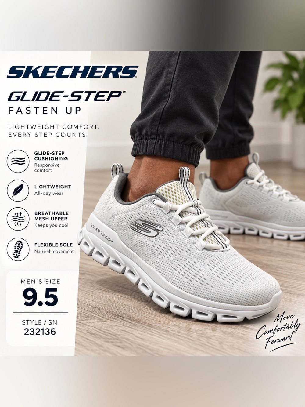 Skechers Glide-Step Fasten Up Men’s 9.5 White Gray Sneakers 232136
